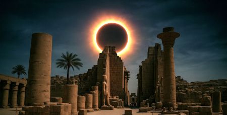 Total solar eclipse corona blazing over ancient Egyptian temple columns at totality